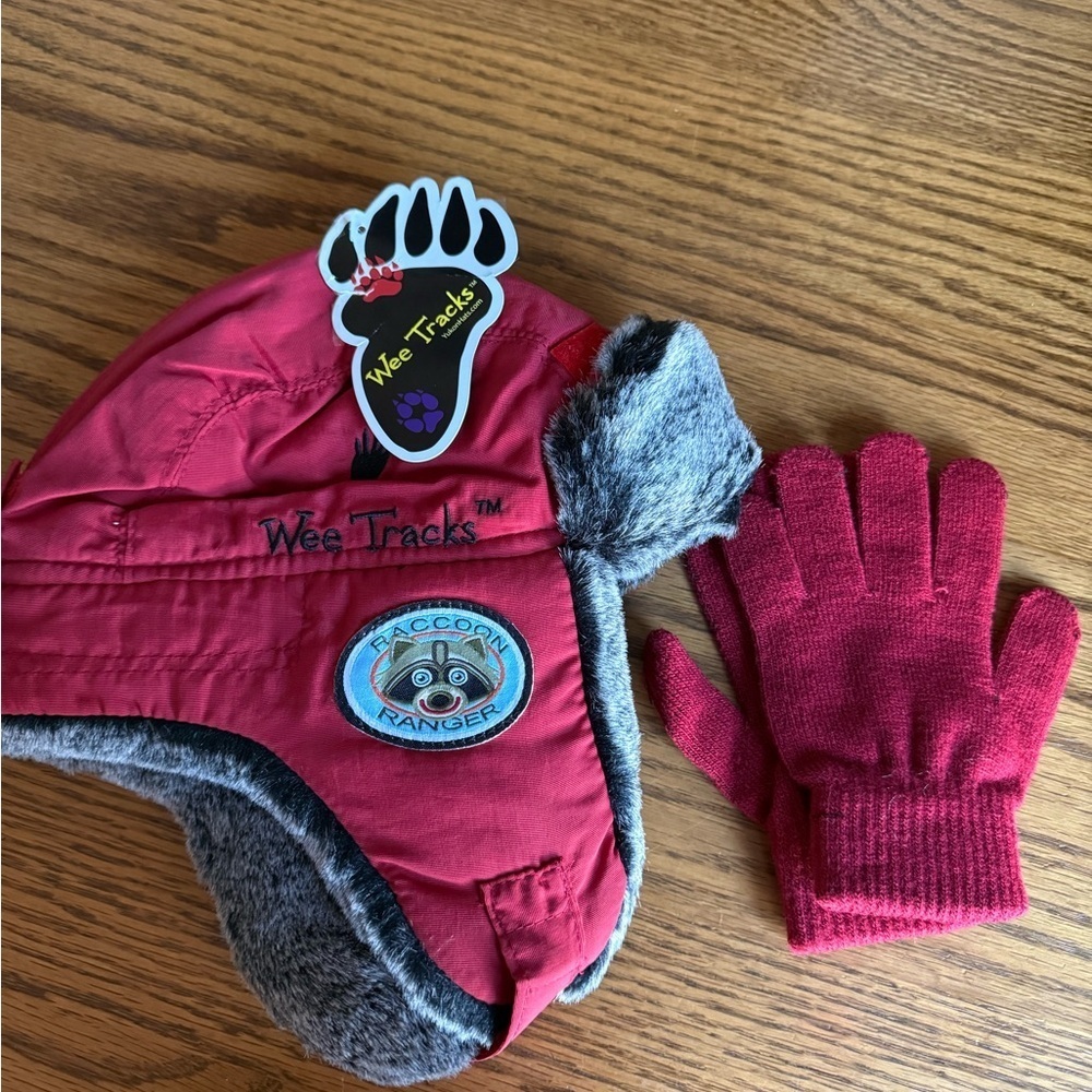 Red Raccoon Ranger Trapper Winter Hat with Fur Flaps and Glove Set for Kids